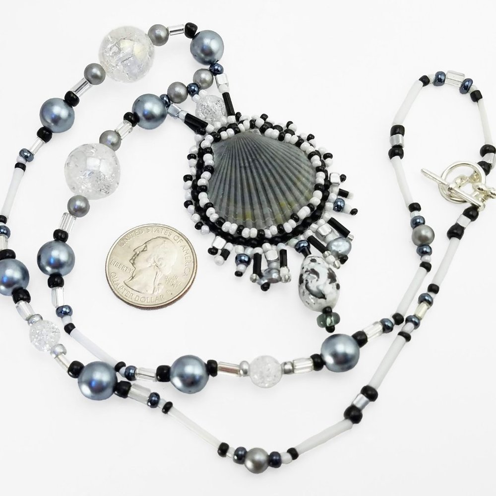 Black White Beaded-Embroidery Shell Necklace, Handmade Seaside Mermaid Fashion